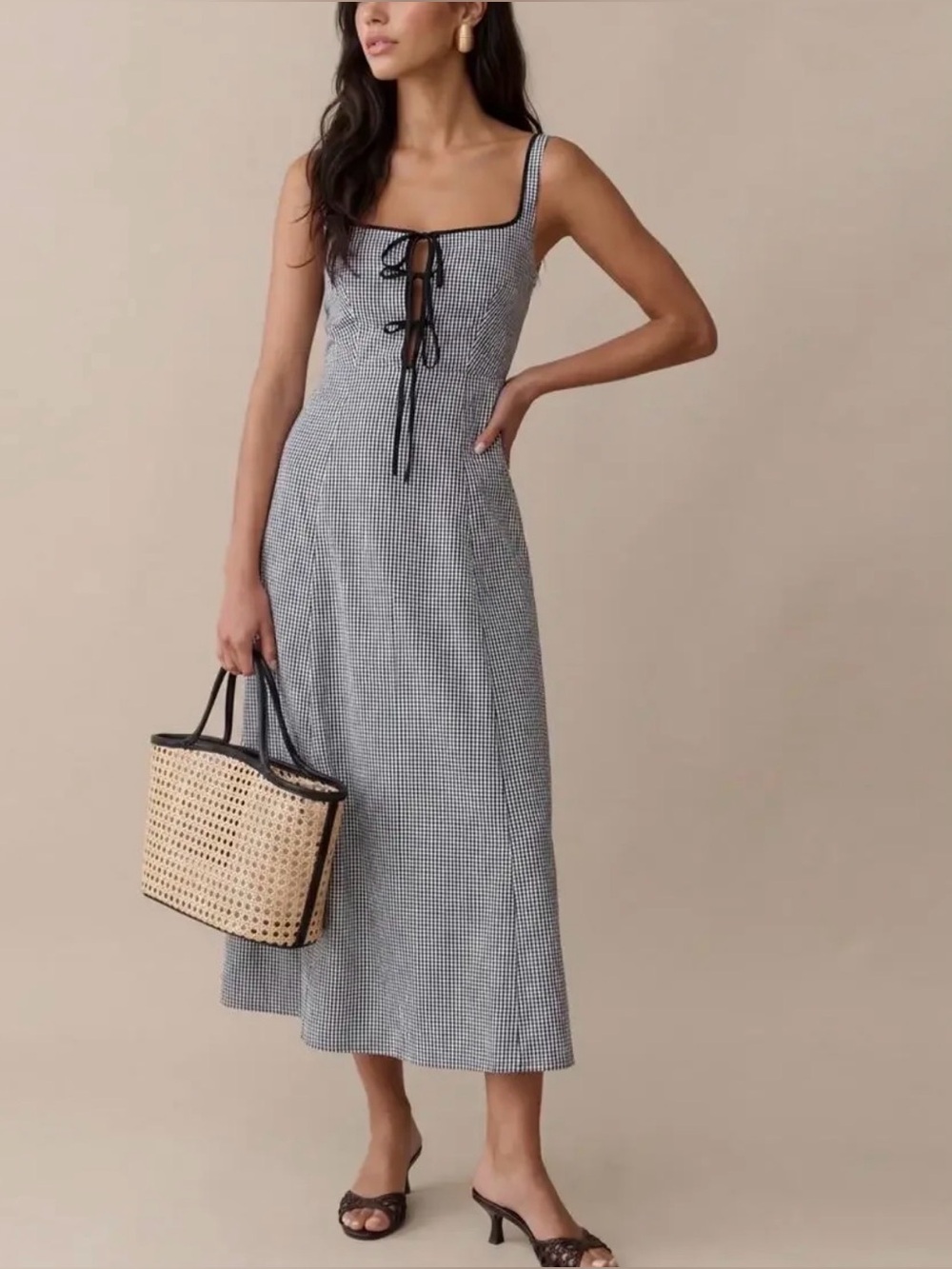 NWT o.p.t. Gingham Lace-Up Midi Dress in Black and White